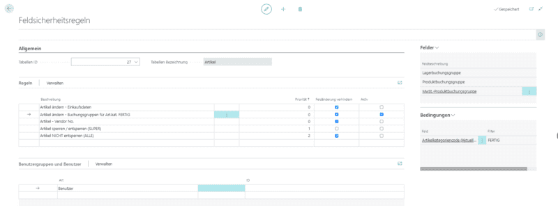 Screenshot von den Feldsicherheitsregeln aus der Compliance App