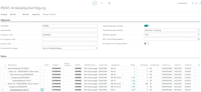 Screenshot der Lot Management App aus dem Bereich Chargenrückverfolgung