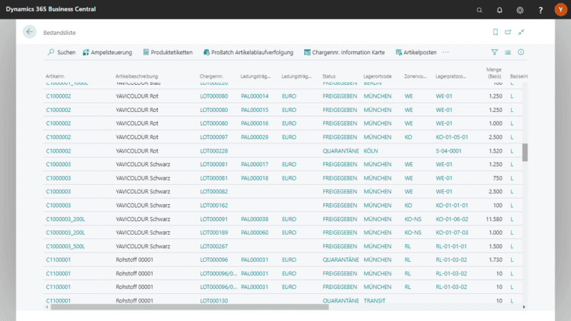 Screenshot der Warehouse Management App Bereich Bestandsliste