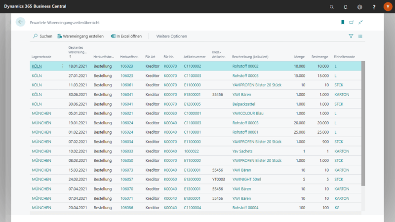 Screenshot der Warehouse Management App Bereich Wareneingang