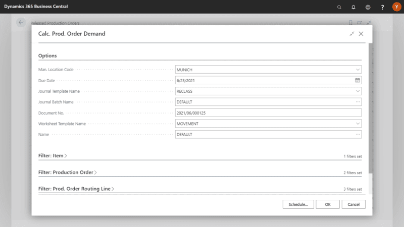 Screenshot of the Warehouse Management App production order Area