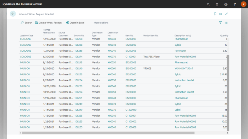 Screenshot of the Warehouse Management App Area Goods Receipt