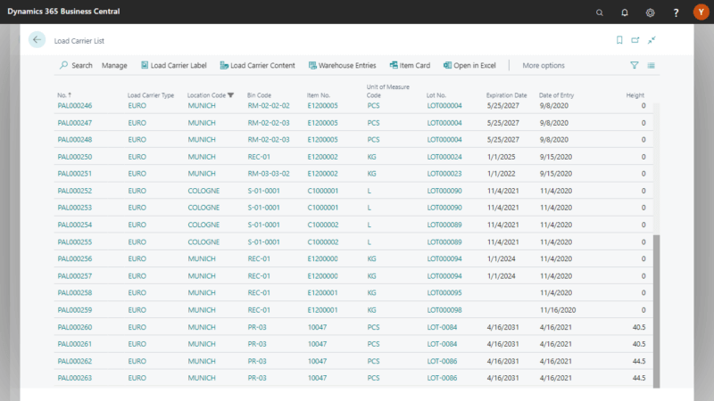 Screenshot of the Warehouse Management App load carrier list area