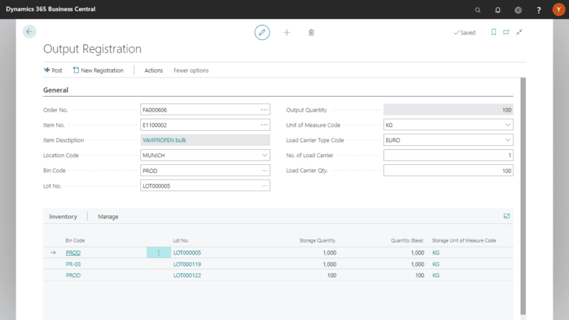 Screenshot of the Warehouse Management App out of the output registration