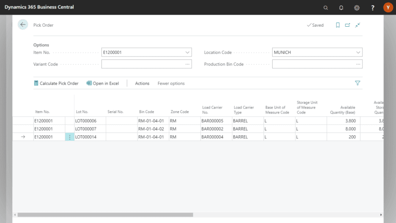 Screenshot of the Warehouse Management App Pick Order Area