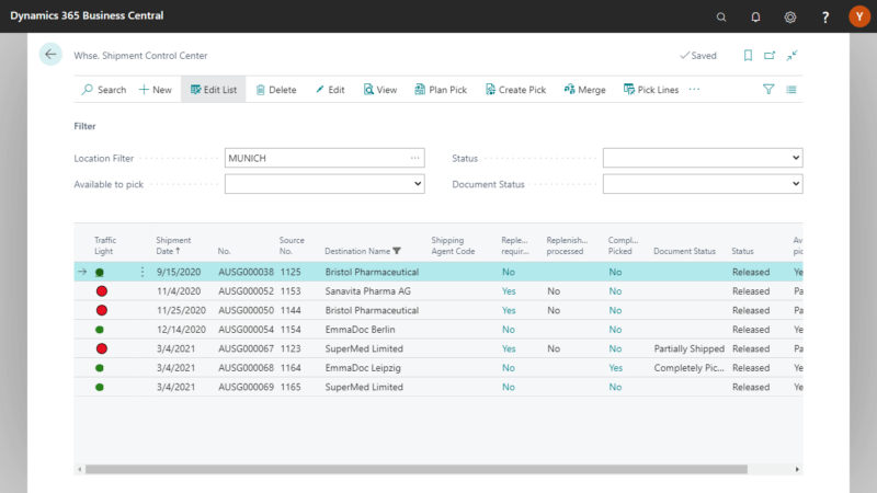 Screenshot of the Warehouse Management App from the Shipment Control Center