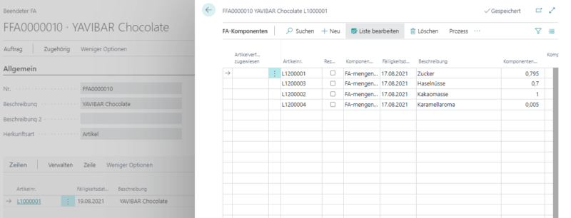 Beispiel eines Fertigungsauftrags aus der Manufacturing App