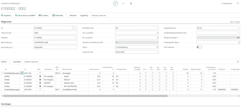 Beispielscreenshot Herstellungsauftrag für Bulkware