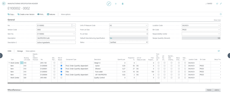 Screenshot out of Manufacturing Specification