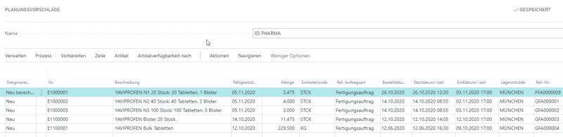 Screenshot von Planungsvorschlägen aus der Manufacturing App