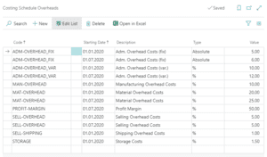 Screenshot out of Costing schedule overheads