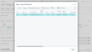 Screenshot out of item costing list