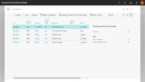 Screenshot of created development recipes out of Research and Development App