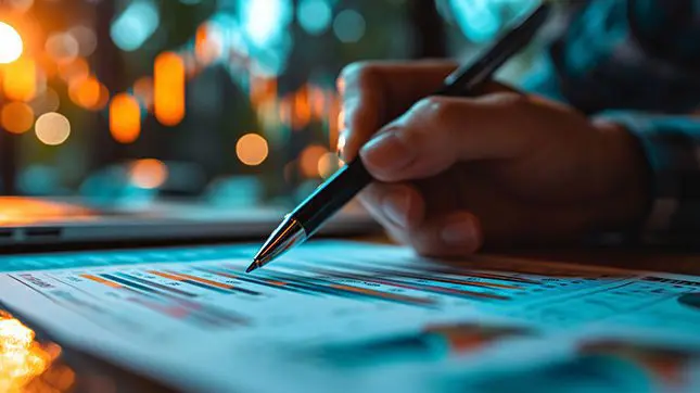 Hand mit Stift auf Papier auf dem Graphen abgebildet sind