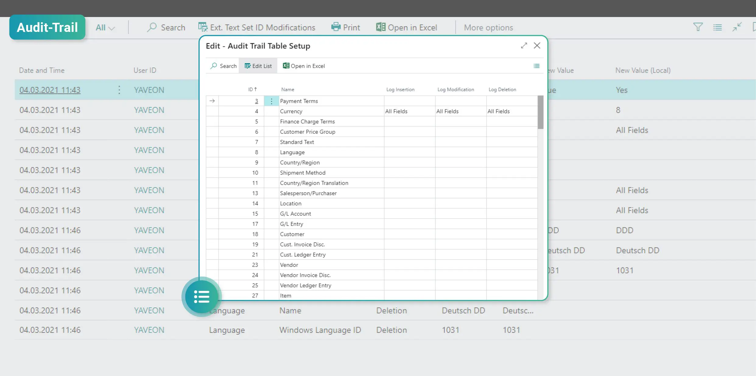 Screenshot of the audit trail functionality