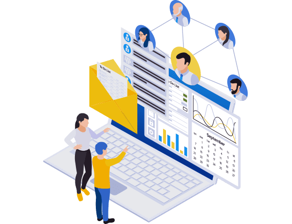 Isometrische Ansicht von zwei Personen, die an einem digitalen Laptop mit integrierten Business-Analyse-Tools arbeiten