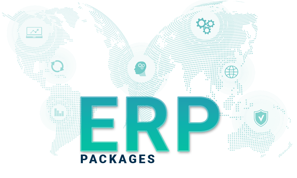 Vernetzte Weltkarte mit ERP Packages als Text