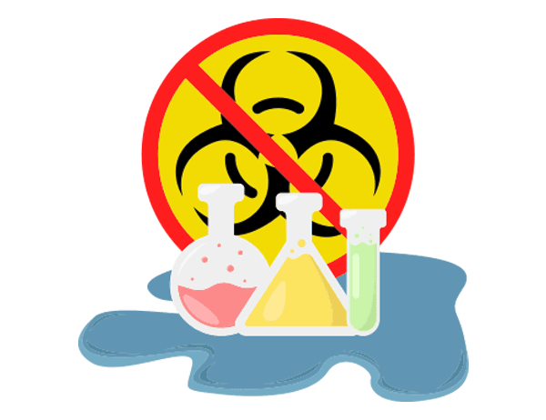 Hazardous substance symbol behind three colorful reagents