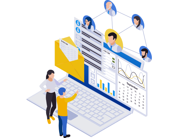 Isometric view of two people working on a digital laptop with integrated business analysis tools