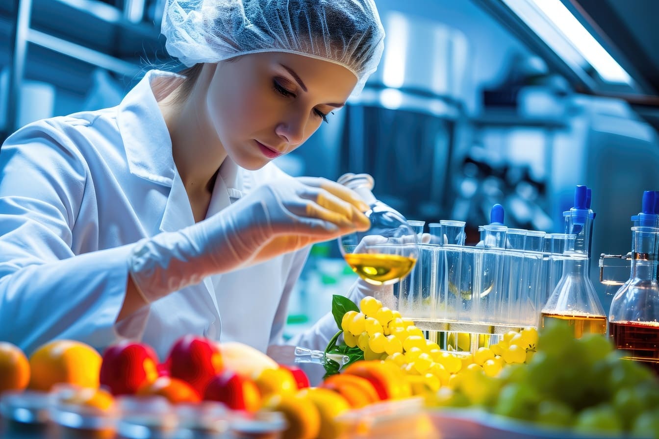 Woman with a white coat sits in front of a colorful selection of food.