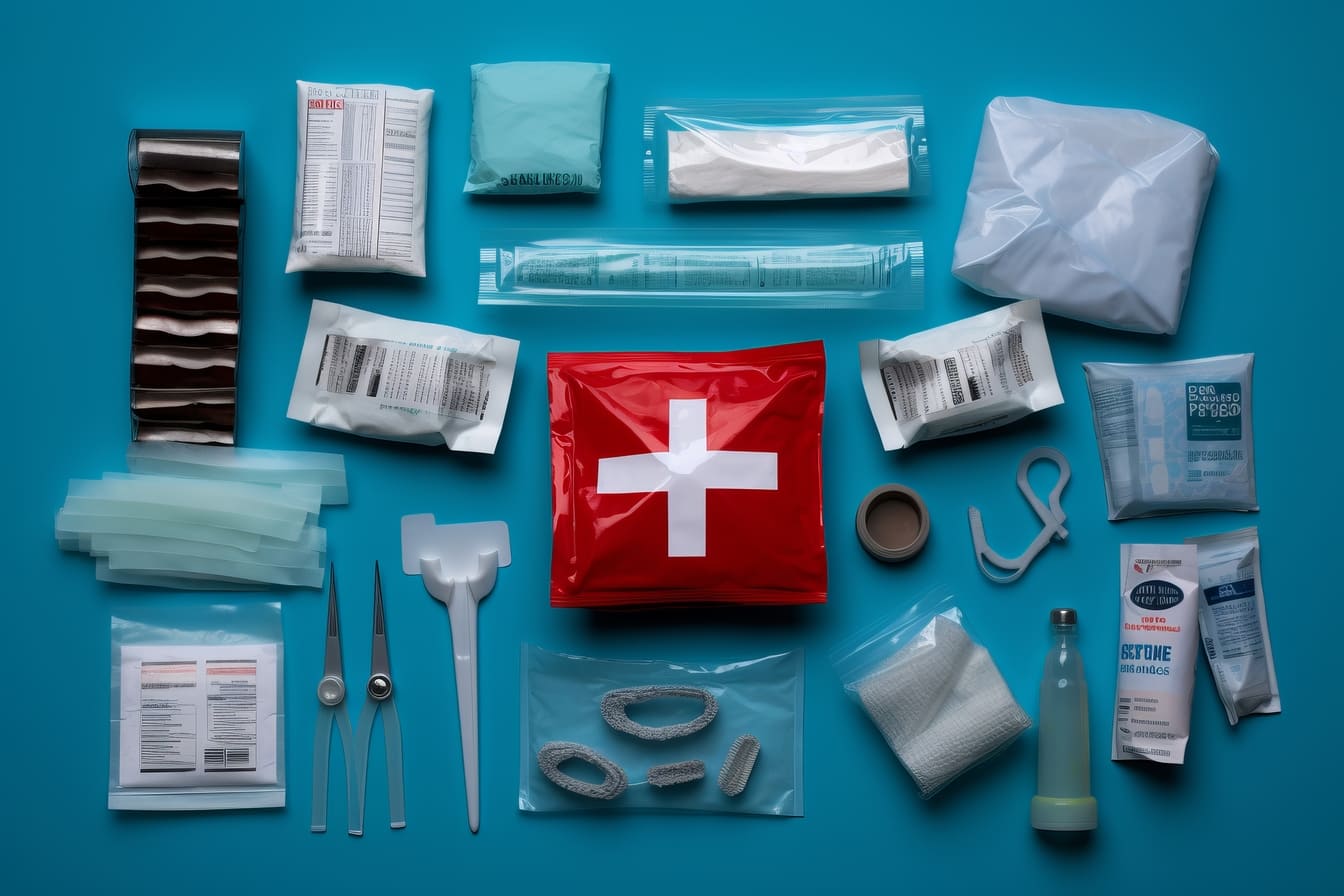 First aid kit with bandages, plasters and other medical utensils.