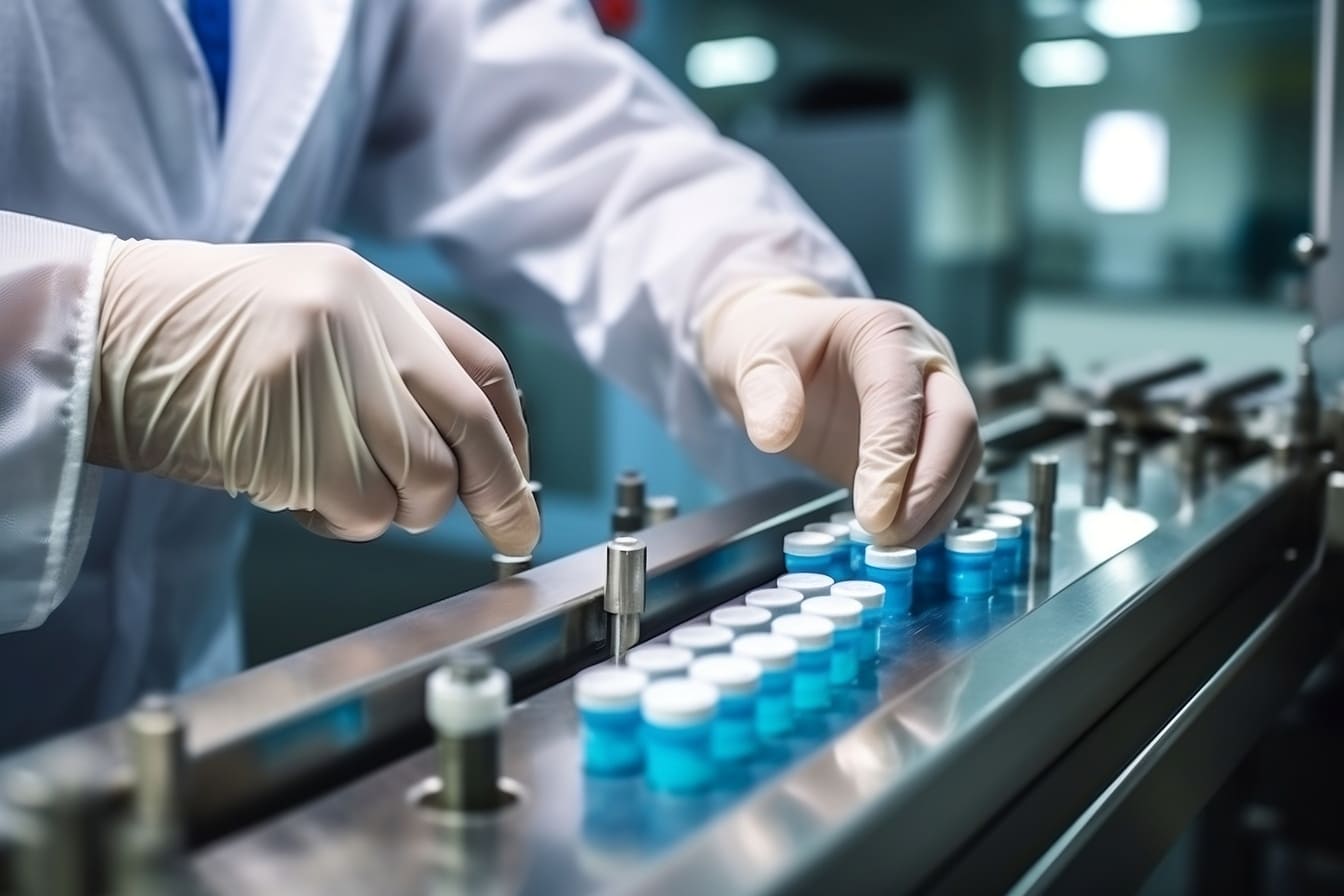 Hands with hygiene gloves examine packaged medicines.