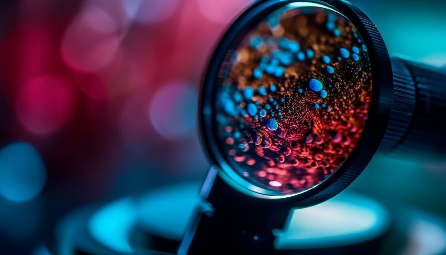 A magnifying glass enlarges a metal bottle in a biotech laboratory.