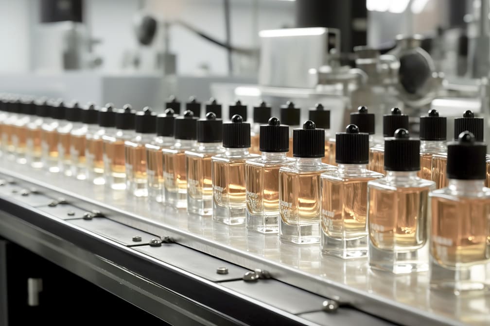 Close-up of bottled perfumes on a conveyor belt